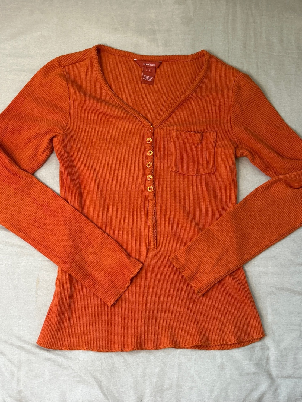 Orange Ribbed V-Neck Henley Top with Pocket